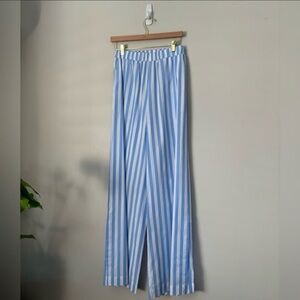 WOERA Baby Blue Pinstripe Poplin Wide Leg Slit Palazzo Pants